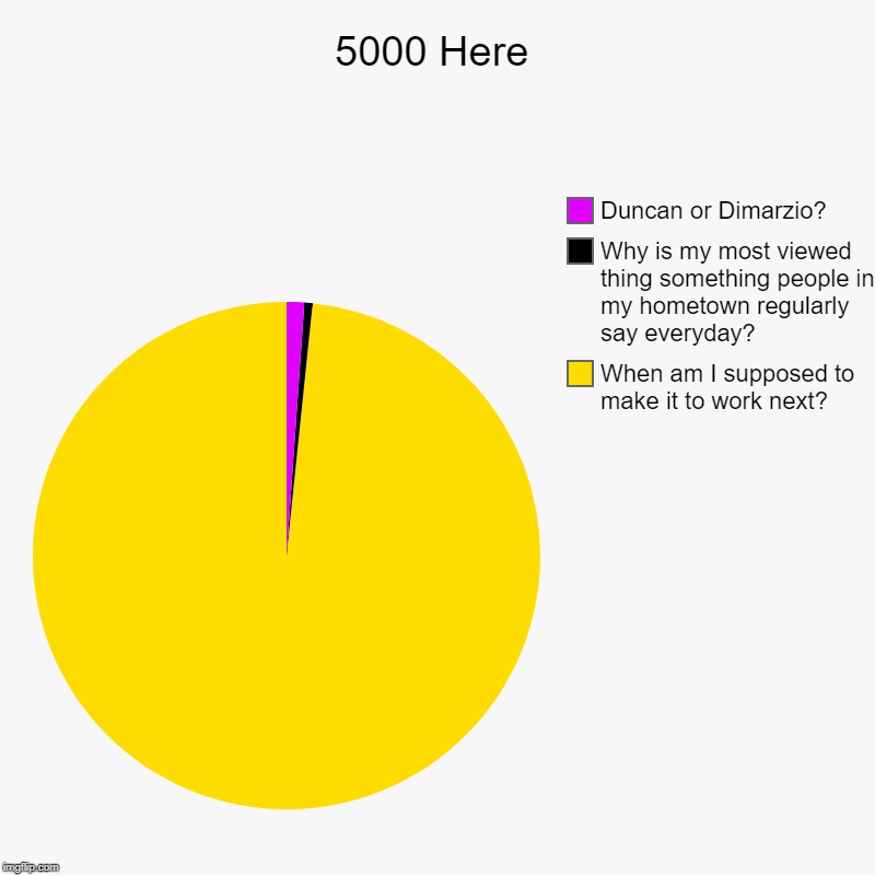 5000 Here | When am I supposed to make it to work next?, Why is my most viewed thing something people in my hometown regularly say everyday? | image tagged in charts,pie charts | made w/ Imgflip chart maker