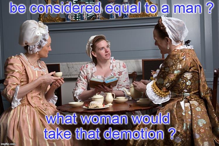 for centuries the strangest ideas have been novelized and discussed by women. | be considered equal to a man ? what woman would take that demotion ? | image tagged in status quo,women vs men,dullard style,memes | made w/ Imgflip meme maker