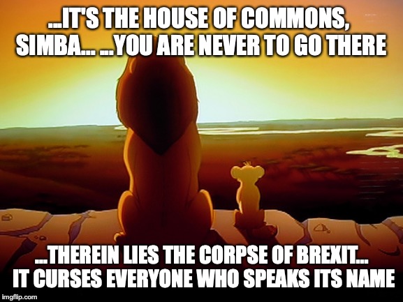 Lion King Meme | ...IT'S THE HOUSE OF COMMONS, SIMBA... ...YOU ARE NEVER TO GO THERE; ...THEREIN LIES THE CORPSE OF BREXIT... IT CURSES EVERYONE WHO SPEAKS ITS NAME | image tagged in memes,lion king | made w/ Imgflip meme maker