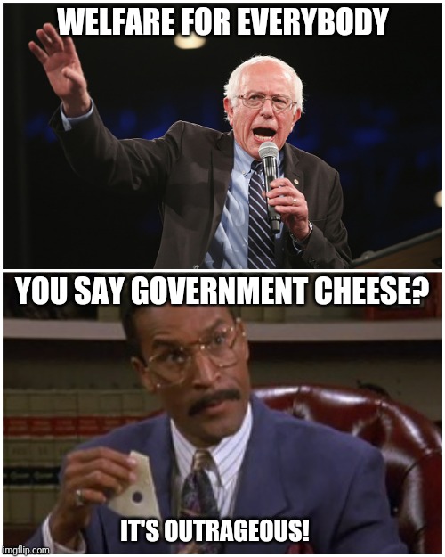 Free Government Cheese Offered By Bernie | WELFARE FOR EVERYBODY; YOU SAY GOVERNMENT CHEESE? IT'S OUTRAGEOUS! | image tagged in bernie sanders,seinfeld,socialism,political meme,television,welfare | made w/ Imgflip meme maker