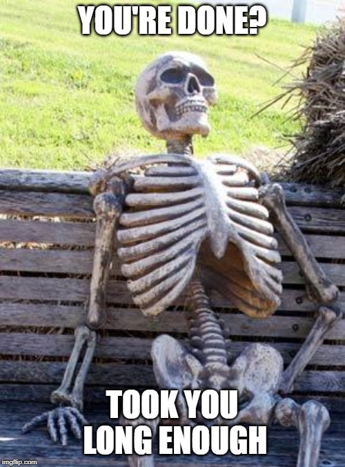 Waiting Skeleton Meme | YOU'RE DONE? TOOK YOU LONG ENOUGH | image tagged in memes,waiting skeleton | made w/ Imgflip meme maker