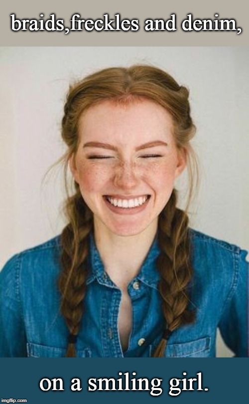 great jumping polecats on a ginger pie. | braids,freckles and denim, on a smiling girl. | image tagged in great smile,freckles fun,why so serious,eyes wide shut,meme thus | made w/ Imgflip meme maker