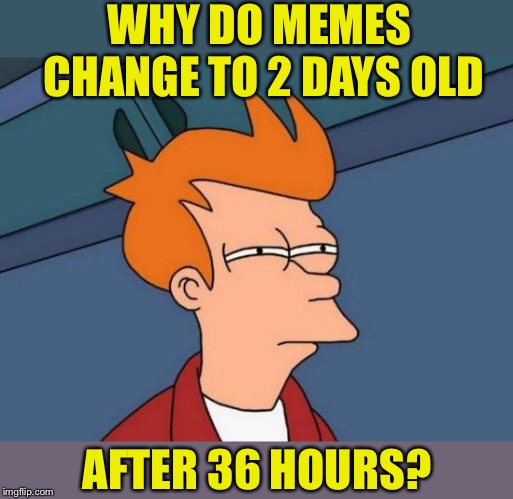 Remember when IMGflip made memes display up to 48 hours old for a few days? Pepperidge Farm remembers | WHY DO MEMES CHANGE TO 2 DAYS OLD; AFTER 36 HOURS? | image tagged in memes,futurama fry,imgflip,questions,meme,time travel | made w/ Imgflip meme maker