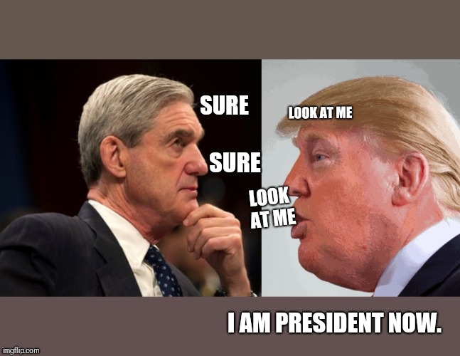 Retaking the ship | SURE; LOOK AT ME; SURE; LOOK AT ME; I AM PRESIDENT NOW. | image tagged in trump,robert mueller,trump russia collusion,politics,look at me,funny | made w/ Imgflip meme maker