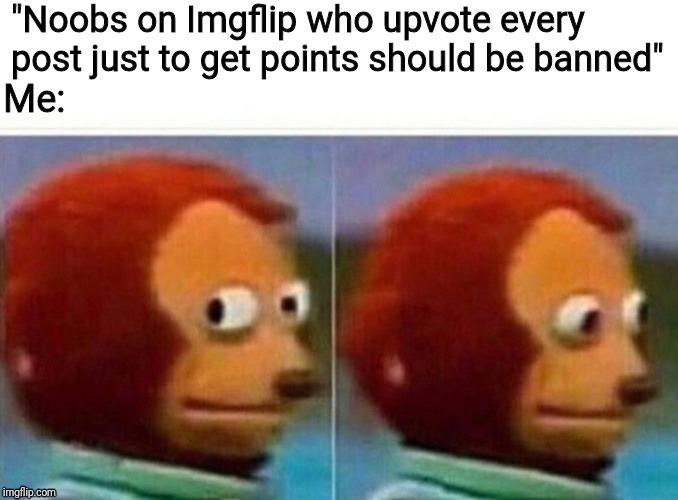 Imgflip noobs be like | "Noobs on Imgflip who upvote every post just to get points should be banned"; Me: | image tagged in imgflip users,monkey puppet,monkey | made w/ Imgflip meme maker