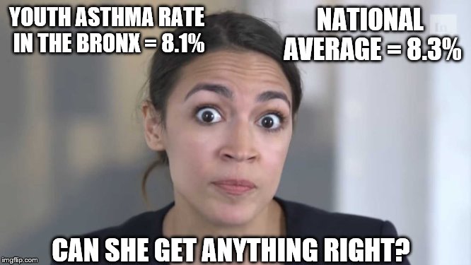 Just fact checking the village idiot.... | YOUTH ASTHMA RATE IN THE BRONX = 8.1%; NATIONAL AVERAGE = 8.3%; CAN SHE GET ANYTHING RIGHT? | image tagged in crazy alexandria ocasio-cortez,stupid liberals,aoc,politics,global warming,pollution | made w/ Imgflip meme maker
