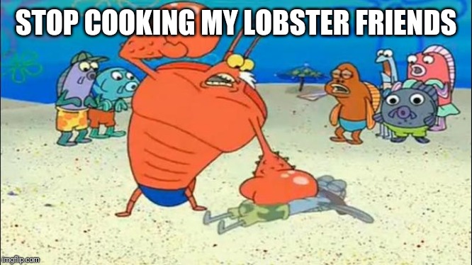 Larry the Lobster Breathe | STOP COOKING MY LOBSTER FRIENDS | image tagged in larry the lobster breathe | made w/ Imgflip meme maker