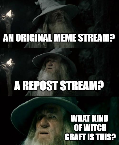 Confused Gandalf | AN ORIGINAL MEME STREAM? A REPOST STREAM? WHAT KIND OF WITCH CRAFT IS THIS? | image tagged in memes,confused gandalf,original content only | made w/ Imgflip meme maker