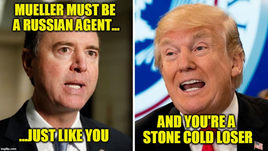 McCarthyism Run Amok | MUELLER MUST BE A RUSSIAN AGENT... ...JUST LIKE YOU; AND YOU'RE A STONE COLD LOSER | image tagged in adam schiff,president trump | made w/ Imgflip meme maker