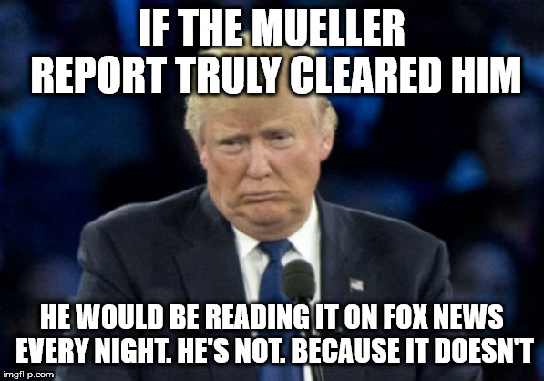 Sad Donald Trump | IF THE MUELLER REPORT TRULY CLEARED HIM; HE WOULD BE READING IT ON FOX NEWS EVERY NIGHT. HE'S NOT. BECAUSE IT DOESN'T | image tagged in sad donald trump | made w/ Imgflip meme maker