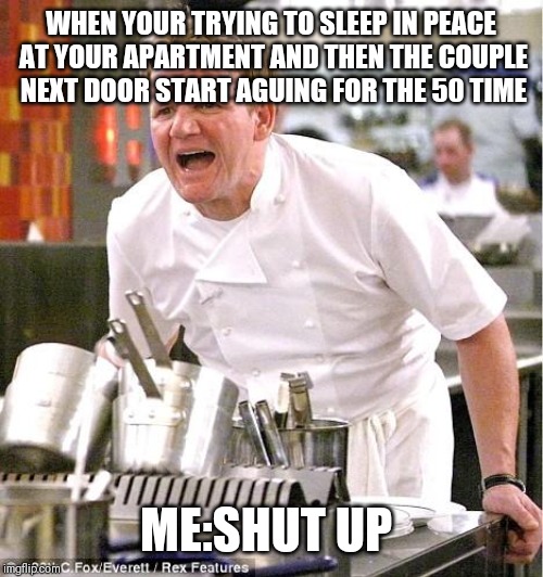 Chef Gordon Ramsay Meme | WHEN YOUR TRYING TO SLEEP IN PEACE AT YOUR APARTMENT AND THEN THE COUPLE NEXT DOOR START AGUING FOR THE 50 TIME; ME:SHUT UP | image tagged in memes,chef gordon ramsay | made w/ Imgflip meme maker