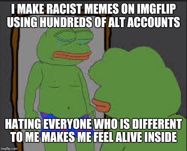 pepe crying | I MAKE RACIST MEMES ON IMGFLIP USING HUNDREDS OF ALT ACCOUNTS HATING EVERYONE WHO IS DIFFERENT TO ME MAKES ME FEEL ALIVE INSIDE | image tagged in pepe crying | made w/ Imgflip meme maker