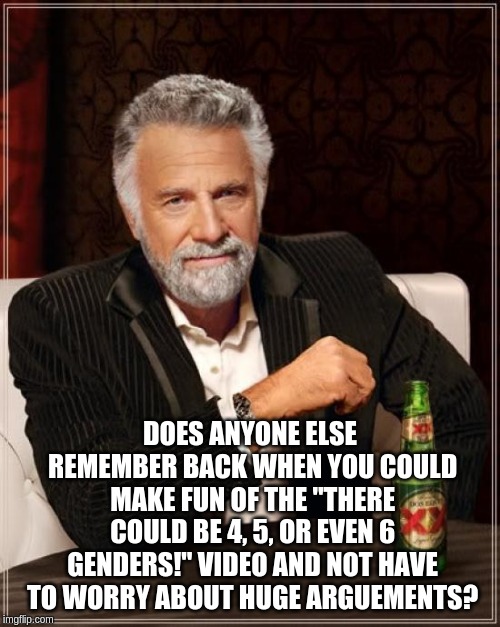 I just suddenly thought of this... | DOES ANYONE ELSE REMEMBER BACK WHEN YOU COULD MAKE FUN OF THE "THERE COULD BE 4, 5, OR EVEN 6 GENDERS!" VIDEO AND NOT HAVE TO WORRY ABOUT HUGE ARGUEMENTS? | image tagged in memes,the most interesting man in the world | made w/ Imgflip meme maker