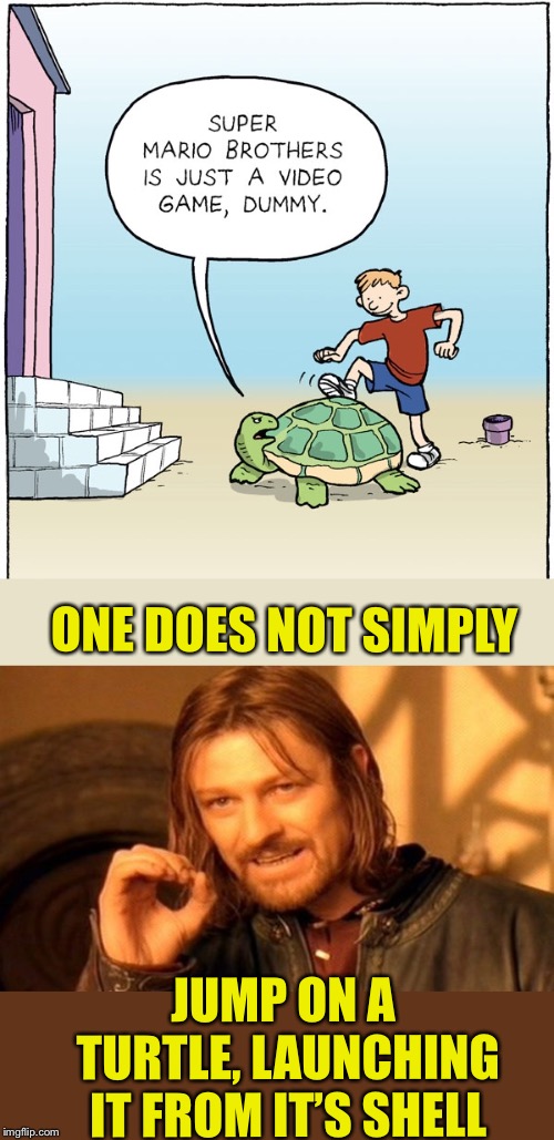 Life’s one big game. But he’s taking it too far. | ONE DOES NOT SIMPLY; JUMP ON A TURTLE, LAUNCHING IT FROM IT’S SHELL | image tagged in memes,one does not simply,video games,super mario,turtle,fail | made w/ Imgflip meme maker