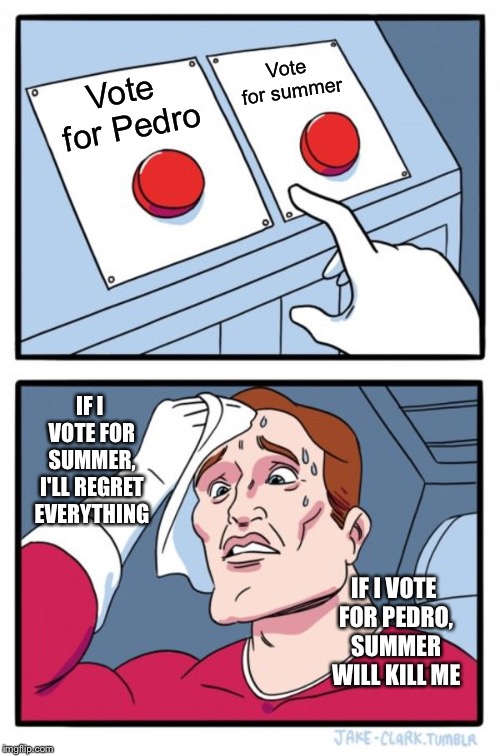 Two Buttons | Vote for summer; Vote for Pedro; IF I VOTE FOR SUMMER, I'LL REGRET EVERYTHING; IF I VOTE FOR PEDRO, SUMMER WILL KILL ME | image tagged in memes,two buttons | made w/ Imgflip meme maker