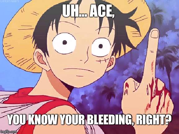One Piece pointing | UH... ACE, YOU KNOW YOUR BLEEDING, RIGHT? | image tagged in one piece pointing | made w/ Imgflip meme maker