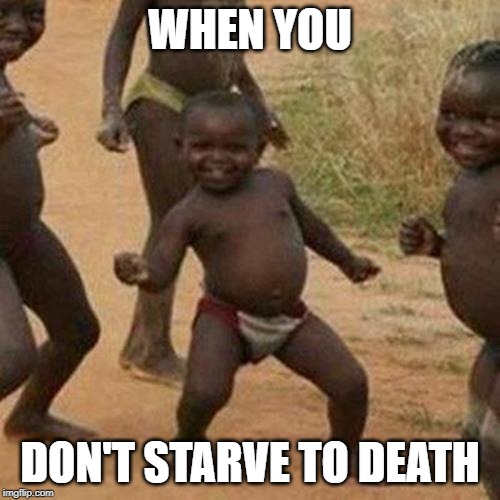 Third World Success Kid Meme | WHEN YOU; DON'T STARVE TO DEATH | image tagged in memes,third world success kid | made w/ Imgflip meme maker