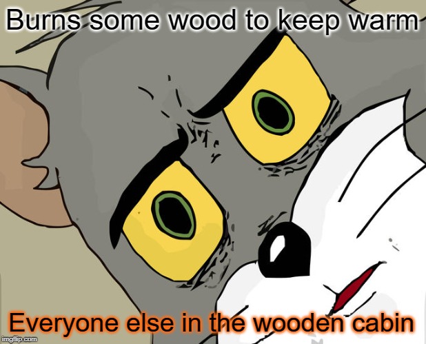 Unsettled Tom Meme | Burns some wood to keep warm; Everyone else in the wooden cabin | image tagged in memes,unsettled tom | made w/ Imgflip meme maker