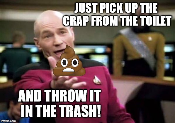 JUST PICK UP THE CRAP FROM THE TOILET AND THROW IT IN THE TRASH! | image tagged in memes,picard wtf | made w/ Imgflip meme maker