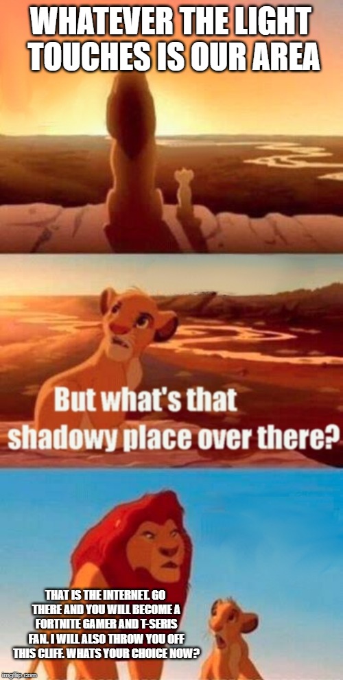 Simba Shadowy Place | WHATEVER THE LIGHT TOUCHES IS OUR AREA; THAT IS THE INTERNET. GO THERE AND YOU WILL BECOME A FORTNITE GAMER AND T-SERIS FAN. I WILL ALSO THROW YOU OFF THIS CLIFF. WHATS YOUR CHOICE NOW? | image tagged in memes,simba shadowy place | made w/ Imgflip meme maker