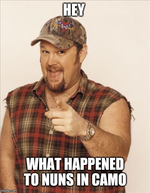 Larry The Cable Guy | HEY WHAT HAPPENED TO NUNS IN CAMO | image tagged in larry the cable guy | made w/ Imgflip meme maker