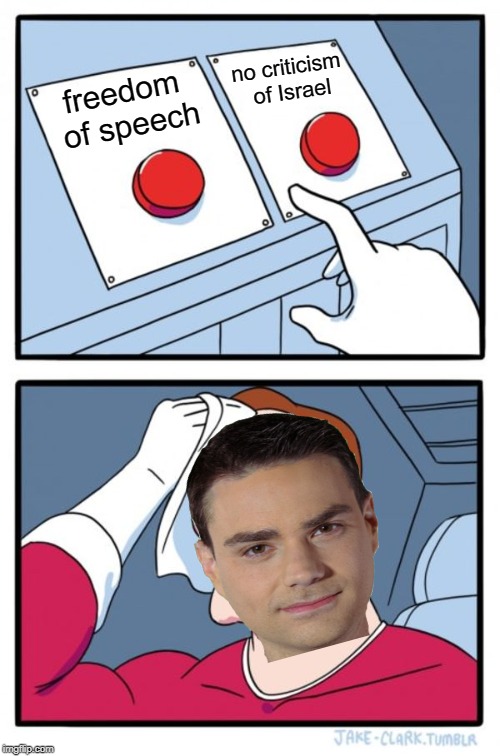 Two Buttons | no criticism of Israel; freedom of speech | image tagged in memes,two buttons | made w/ Imgflip meme maker