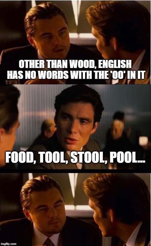 Inception Meme | OTHER THAN WOOD, ENGLISH HAS NO WORDS WITH THE 'OO' IN IT; FOOD, TOOL, STOOL, POOL... | image tagged in memes,inception | made w/ Imgflip meme maker