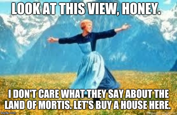 Look At All These Meme | LOOK AT THIS VIEW, HONEY. I DON'T CARE WHAT THEY SAY ABOUT THE LAND OF MORTIS. LET'S BUY A HOUSE HERE. | image tagged in memes,look at all these | made w/ Imgflip meme maker
