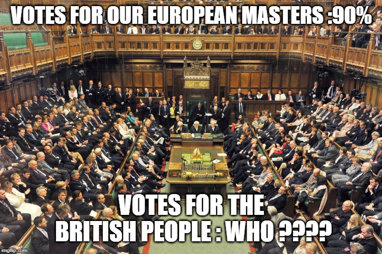 British Parliament | VOTES FOR OUR EUROPEAN MASTERS :90%; VOTES FOR THE BRITISH PEOPLE : WHO ???? | image tagged in british parliament | made w/ Imgflip meme maker