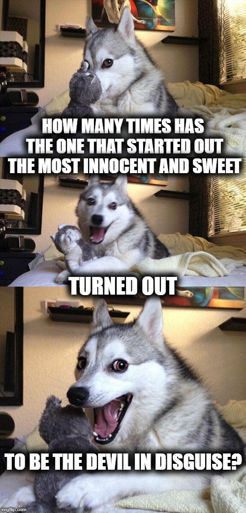 Bad Pun Dog Meme | HOW MANY TIMES HAS THE ONE THAT STARTED OUT THE MOST INNOCENT AND SWEET; TURNED OUT; TO BE THE DEVIL IN DISGUISE? | image tagged in memes,bad pun dog | made w/ Imgflip meme maker