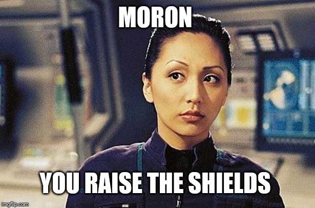 Ensign Sato | MORON YOU RAISE THE SHIELDS | image tagged in ensign sato | made w/ Imgflip meme maker