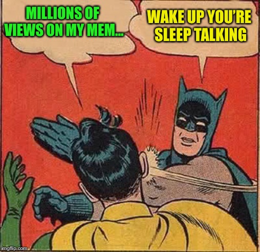 Batman Slapping Robin Meme | MILLIONS OF VIEWS ON MY MEM... WAKE UP YOU’RE SLEEP TALKING | image tagged in memes,batman slapping robin | made w/ Imgflip meme maker