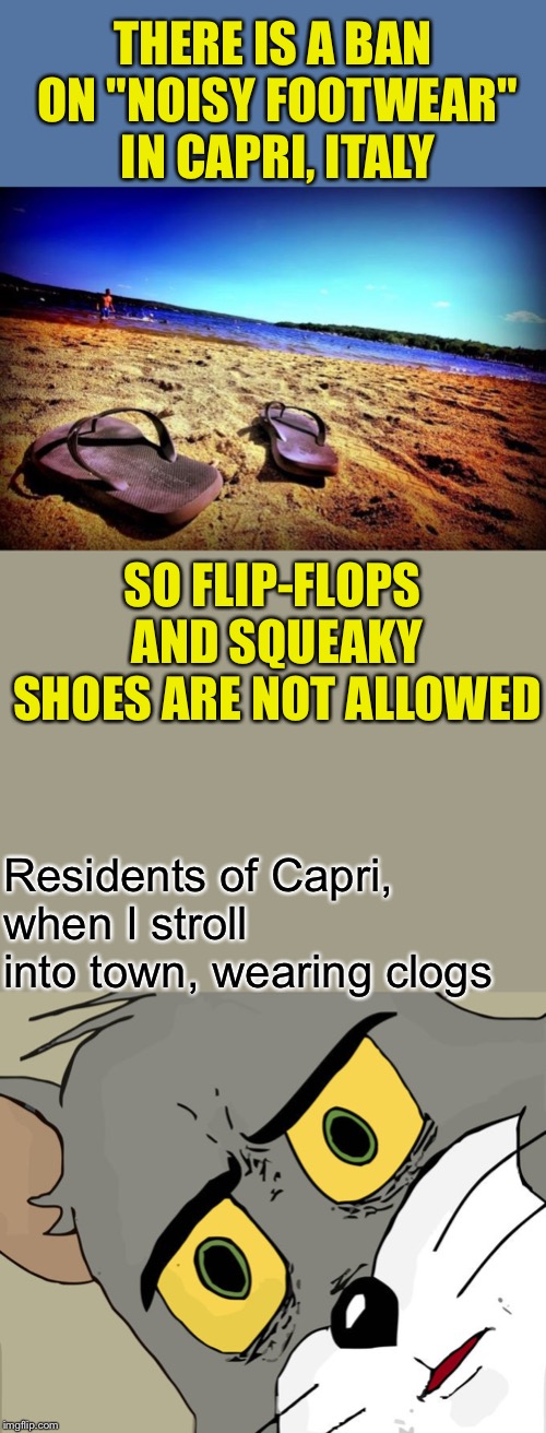 The world is clogged up with ridiculous laws Ludicrous Laws week 1-7 April a LordCheesus, Katechuks and SydneyB event. | THERE IS A BAN ON "NOISY FOOTWEAR" IN CAPRI, ITALY; SO FLIP-FLOPS AND SQUEAKY SHOES ARE NOT ALLOWED; Residents of Capri, when I stroll into town, wearing clogs | image tagged in aprilfoolsweek,ludicrouslaws,lordcheesus,katechuks,sydneyb,unsettled tom | made w/ Imgflip meme maker