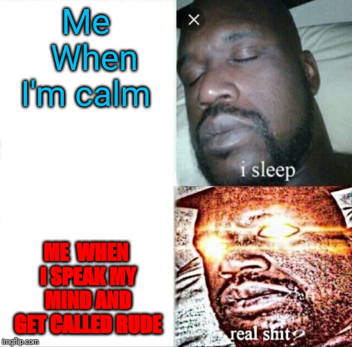 Sleeping Shaq | Me 
When I'm calm; ME 
WHEN I SPEAK MY MIND AND GET CALLED RUDE | image tagged in memes,sleeping shaq | made w/ Imgflip meme maker