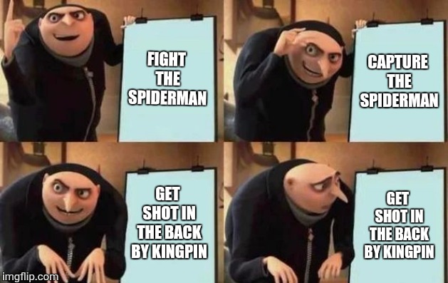 Gru's Plan Meme | FIGHT THE SPIDERMAN; CAPTURE THE SPIDERMAN; GET SHOT IN THE BACK BY KINGPIN; GET SHOT IN THE BACK BY KINGPIN | image tagged in gru's plan | made w/ Imgflip meme maker