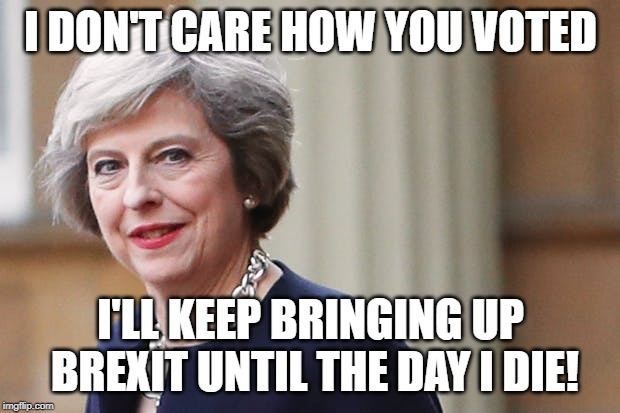 I DON'T CARE HOW YOU VOTED I'LL KEEP BRINGING UP BREXIT UNTIL THE DAY I DIE! | made w/ Imgflip meme maker