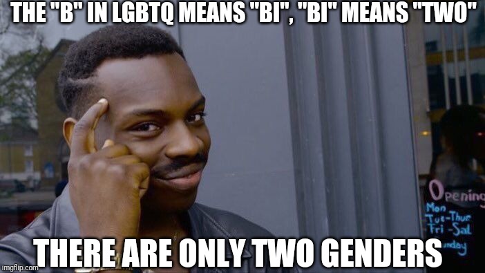 Roll Safe Think About It Meme | THE "B" IN LGBTQ MEANS "BI", "BI" MEANS "TWO"; THERE ARE ONLY TWO GENDERS | image tagged in memes,roll safe think about it | made w/ Imgflip meme maker