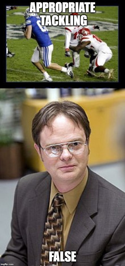 APPROPRIATE TACKLING; FALSE | image tagged in sports,dwight schrute,football,college football,the office | made w/ Imgflip meme maker