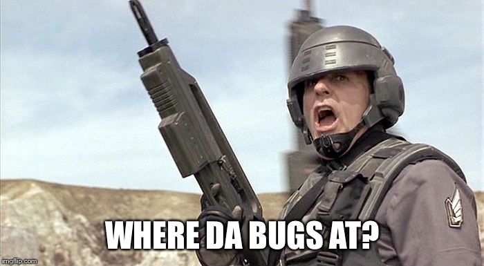 Starship Trooper | WHERE DA BUGS AT? | image tagged in starship trooper | made w/ Imgflip meme maker