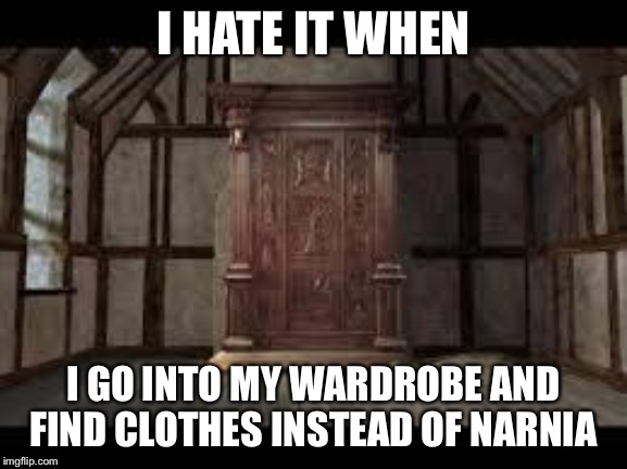 Narnia Wardrobe | I HATE IT WHEN; I GO INTO MY WARDROBE AND FIND CLOTHES INSTEAD OF NARNIA | image tagged in narnia wardrobe | made w/ Imgflip meme maker