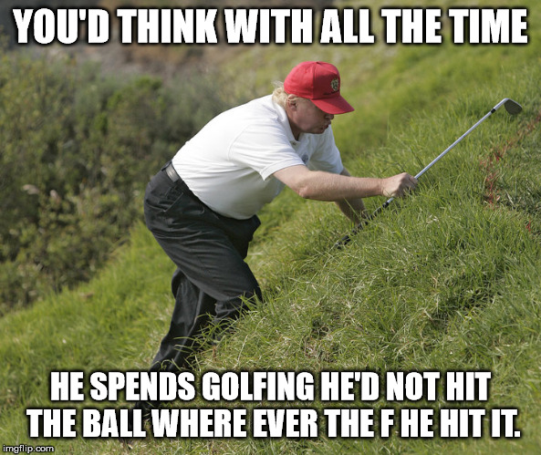 trump golfing | YOU'D THINK WITH ALL THE TIME; HE SPENDS GOLFING HE'D NOT HIT THE BALL WHERE EVER THE F HE HIT IT. | image tagged in trump golfing | made w/ Imgflip meme maker