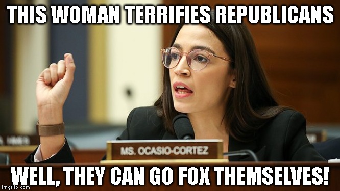 We Feel Sorry for Old White Males and Their Idiot Sons | THIS WOMAN TERRIFIES REPUBLICANS; WELL, THEY CAN GO FOX THEMSELVES! | image tagged in alexandria ocasio-cortez,donald trump jr,trump is a moron,stupid son | made w/ Imgflip meme maker