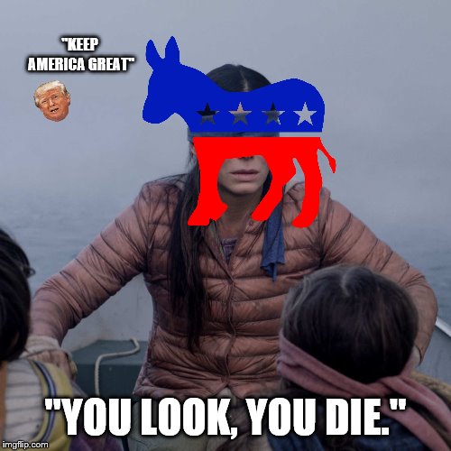 DemocratBox | "KEEP AMERICA GREAT"; "YOU LOOK, YOU DIE." | image tagged in memes,bird box | made w/ Imgflip meme maker