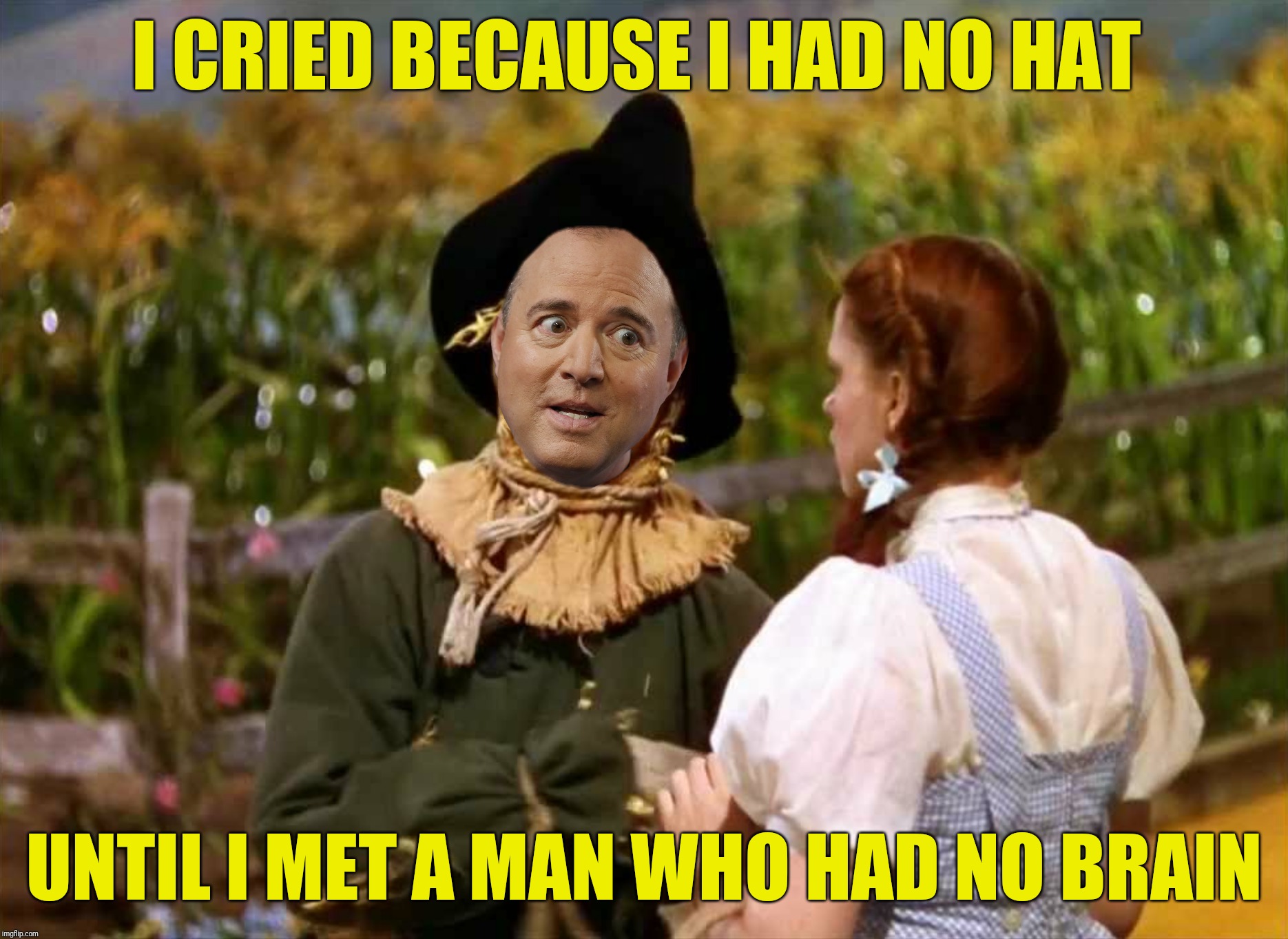 Bad Photoshop Sunday presents:  If I Only Had A Brain | I CRIED BECAUSE I HAD NO HAT; UNTIL I MET A MAN WHO HAD NO BRAIN | image tagged in bad photoshop sunday,adam schiff,the wizard of oz,helen keller | made w/ Imgflip meme maker