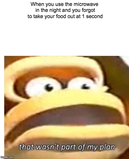 Have you ever done this? | When you use the microwave in the night and you forgot to take your food out at 1 second | image tagged in that wasn't part of my plan,relatable,funny memes,memes,oh wow are you actually reading these tags,donkey kong | made w/ Imgflip meme maker