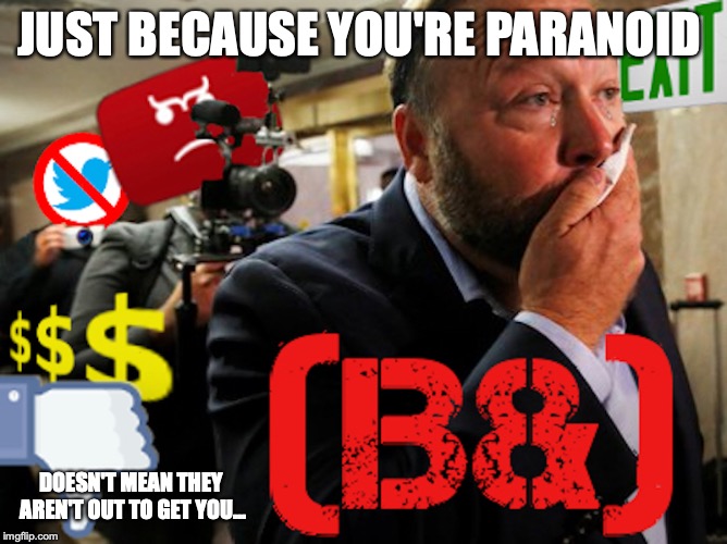 Alex Jones Banned From "Big 3" Social Media | JUST BECAUSE YOU'RE PARANOID; DOESN'T MEAN THEY AREN'T OUT TO GET YOU... | image tagged in alex jones,banned,memes,facebook,twitter,youtube | made w/ Imgflip meme maker