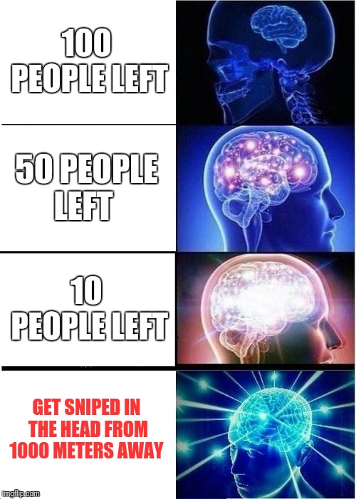 Expanding Brain | 100 PEOPLE LEFT; 50 PEOPLE LEFT; 10 PEOPLE LEFT; GET SNIPED IN THE HEAD FROM 1000 METERS AWAY | image tagged in memes,expanding brain | made w/ Imgflip meme maker