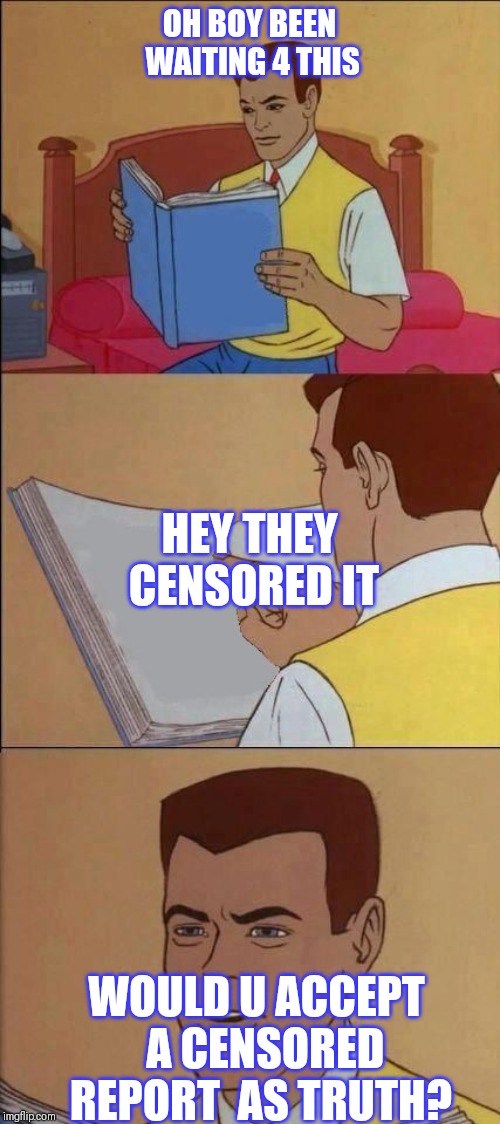 Book of Idiots | OH BOY BEEN WAITING 4 THIS WOULD U ACCEPT  A CENSORED REPORT  AS TRUTH? HEY THEY CENSORED IT | image tagged in book of idiots | made w/ Imgflip meme maker