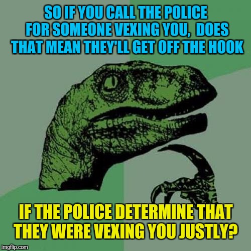 Philosoraptor Meme | SO IF YOU CALL THE POLICE FOR SOMEONE VEXING YOU,  DOES THAT MEAN THEY'LL GET OFF THE HOOK IF THE POLICE DETERMINE THAT THEY WERE VEXING YOU | image tagged in memes,philosoraptor | made w/ Imgflip meme maker
