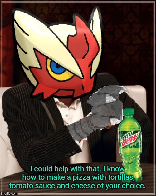 Most Interesting Blaziken in Hoenn | I could help with that. I know how to make a pizza with tortillas, tomato sauce and cheese of your choice. | image tagged in most interesting blaziken in hoenn | made w/ Imgflip meme maker